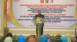 Pj. Bupati Tulang Bawang menyampaikan kata sambutan setelah dilantik oleh Gubernur Lampung, Arinal Djuanidi pada Senin (19/12/2023). Foto: Humas Pemkab Tuba