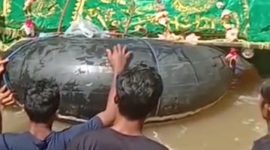 Warga Pekon Pemerihan, Kecamatan Bengkunat, Kabupaten Pesisir Barat bertaruh nyawa menyeberangi Sungai Pemerihan untuk menguburkan warga yang meninggal pada Selasa (16/1/2024) pagi. Tangkapan Layar: Joni Irawan