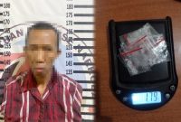 Petani asal Gedung Aji, Kecamatan Gedung Aji, Kabupaten Tulang Bawang inisial AE (44) ditangkap petugas Satresnarkoba Polres Tulang Bawang karena kedapatan mengedarkan narkotika jenis sabu pada Senin (15/1/2024). Foto: Humas Polres Tulang Bawang