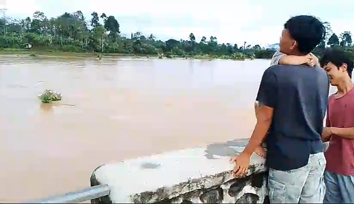 Beberapa orang warga Pekon Mekar Jaya, Kecamatan Gedung Surian, Kabupaten Lampung Barat menyaksikan puluhan hektar  sawah milik warga yang kini bak lautan akibat terendam banjir yang terjadi pada Kamis (23/5/2024). Foto: Yuli Iwan, Kabarindonesia.co